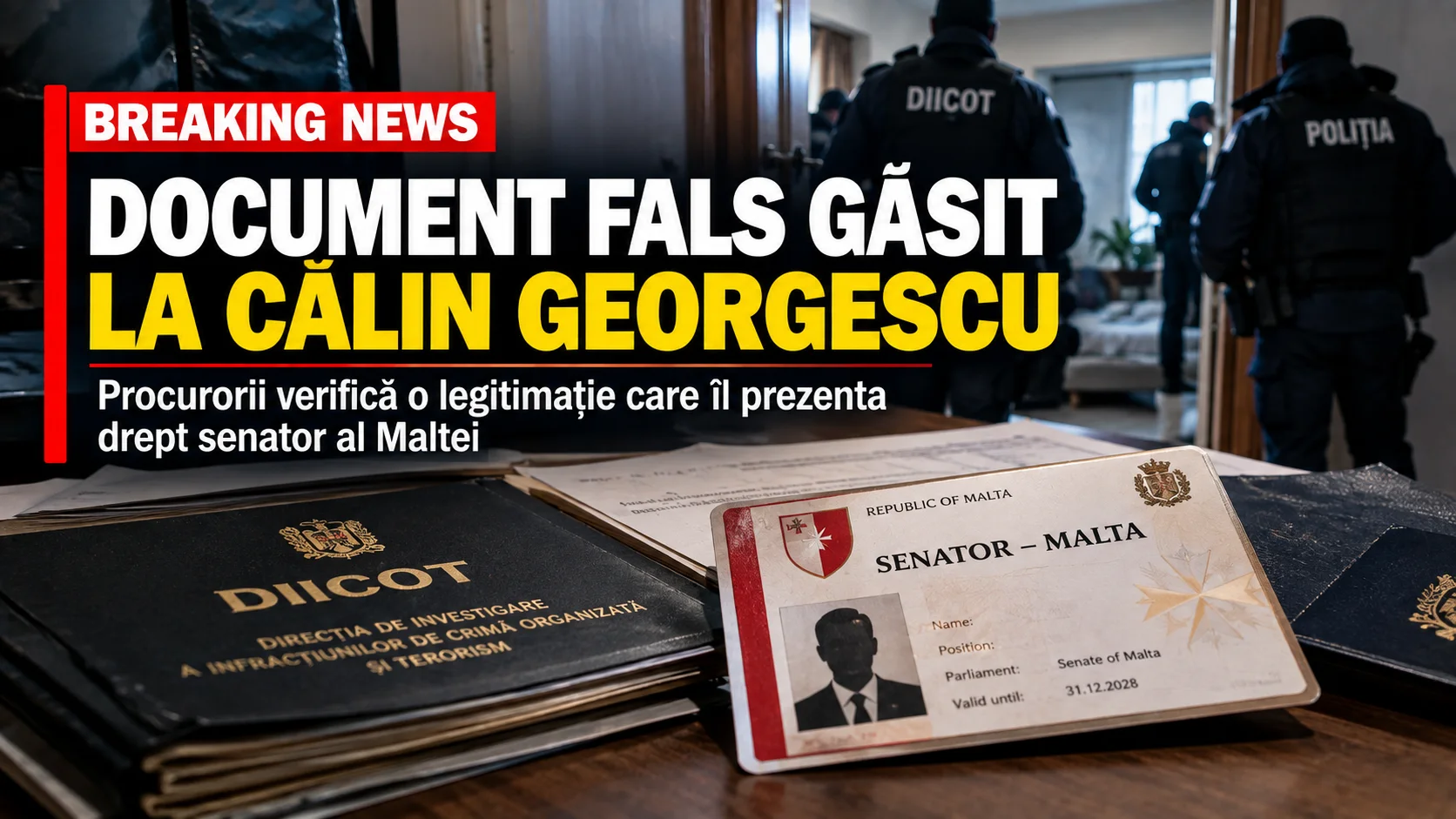 Document fals găsit la Călin Georgescu: procurorii verifică o legitimație care îl prezenta drept senator al Maltei