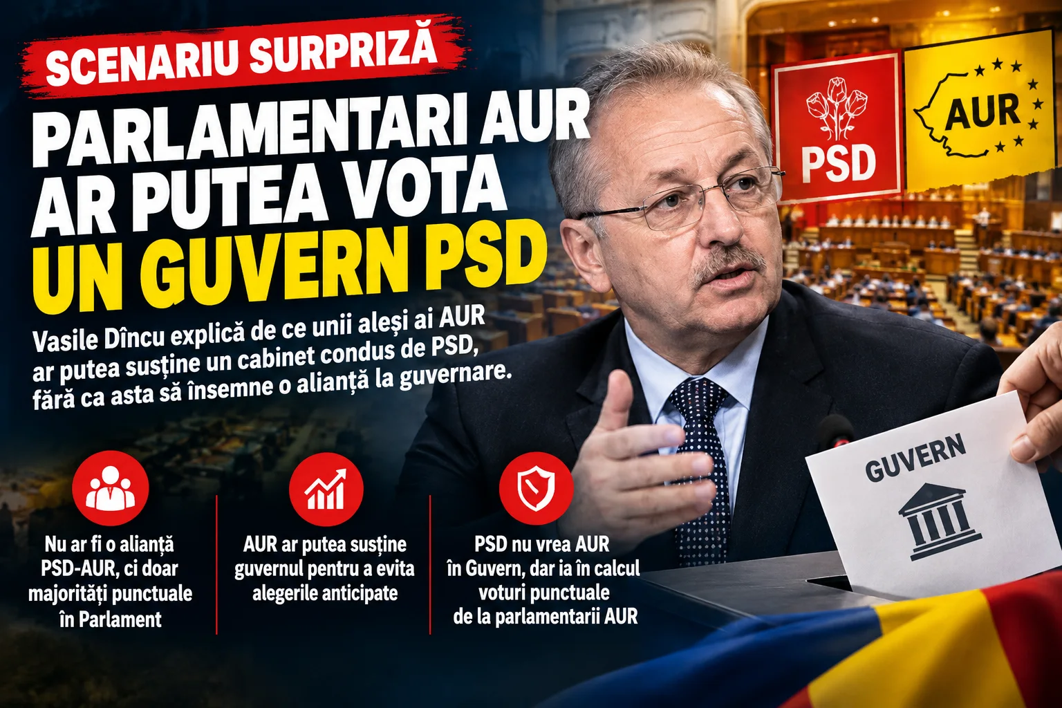 Scenariu surpriză pentru formarea Guvernului: Vasile Dîncu crede că parlamentari AUR ar putea vota un cabinet PSD