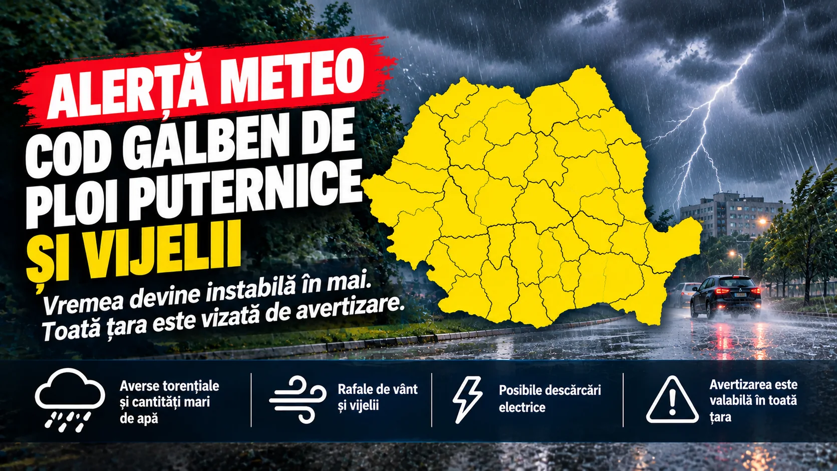 Alerte cod galben de ploi puternice și vijelii. Vremea devine instabilă în mai toată țara