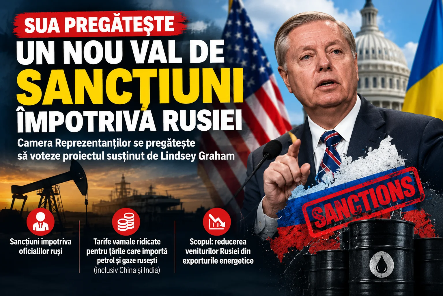 SUA pregătește un nou val de sancțiuni împotriva Rusiei. Camera Reprezentanților se pregătește să voteze controversatul proiect susținut de Lindsey Graham.